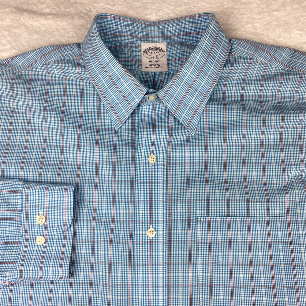 Brooks Brothers 1818 Regent Dress Shirt 18-6/7 Blue Check Non-Iron Cotton Mens
